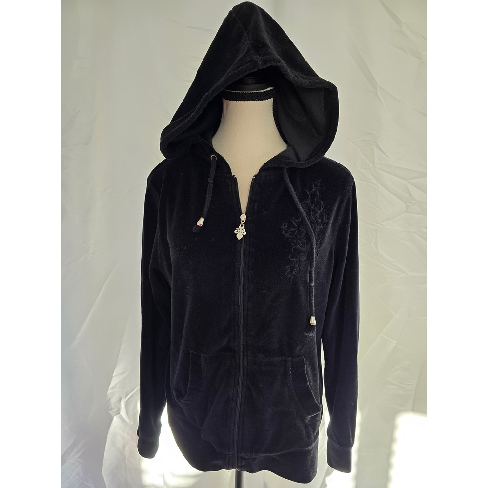 Vintsge Mirror Image Womens Black Velour Zip Up Hoodie Jacket Embroidery Charm M